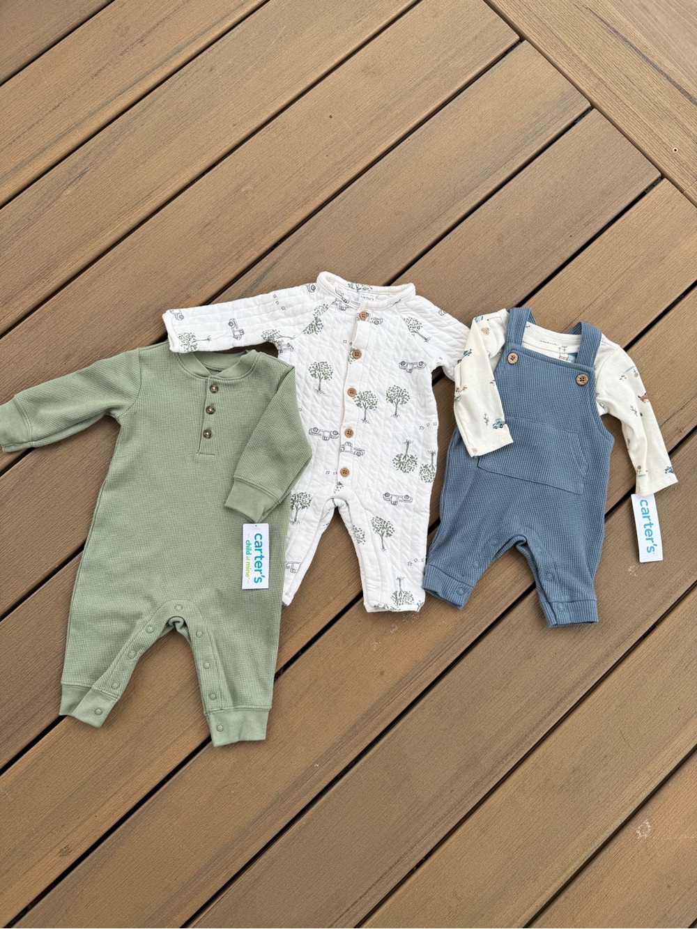 Carter's Sage Green, Cream Tree Print & Dusty Blue Baby One-Piece Set